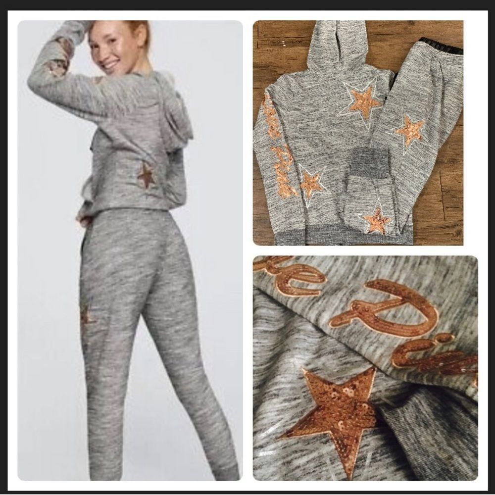 Victoria’s Secret Pink Bling Star ROSEGOLD Hoodie / Joggers Outfit set S